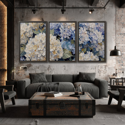 Clusters of pale blue and ivory hydrangea blossoms 3 piece framed canvas wall art displayed in a industrial room