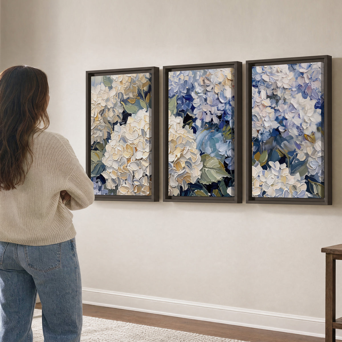 Clusters of pale blue and ivory hydrangea blossoms 3 piece framed canvas wall art three panel arrangement on a wall