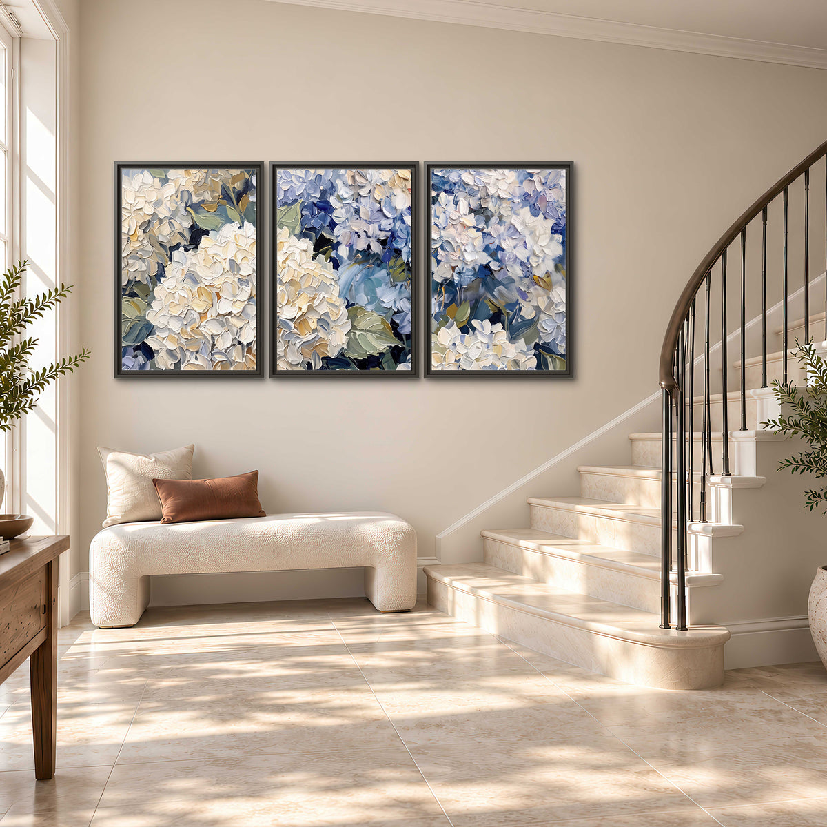 Clusters of pale blue and ivory hydrangea blossoms 3 piece framed canvas wall art styled in an interior