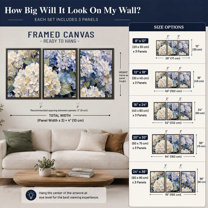 Clusters of pale blue and ivory hydrangea blossoms 3 piece framed canvas wall art size guide above a sofa; room view is illustrative