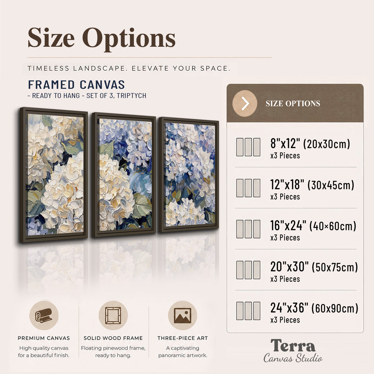 Clusters of pale blue and ivory hydrangea blossoms 3 piece framed canvas wall art available dimensions; triptych dimensions are per panel