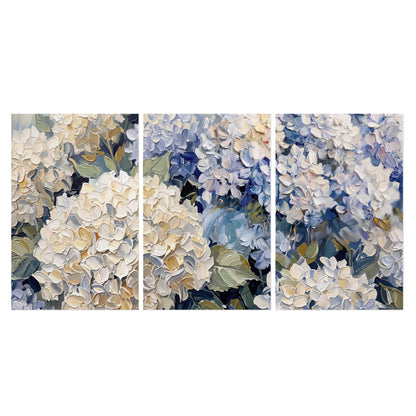 Clusters of pale blue and ivory hydrangea blossoms set of 3 poster prints viewed straight on