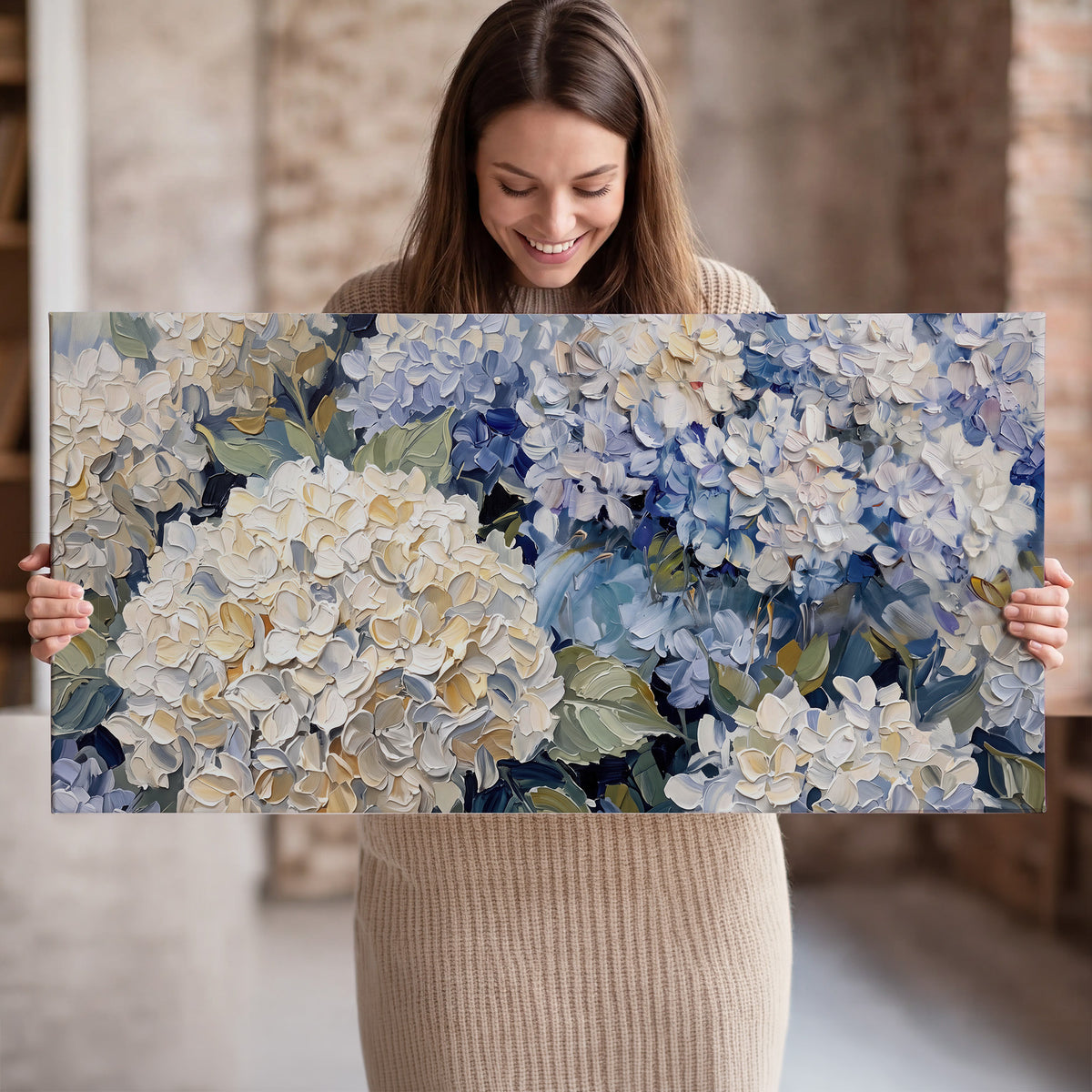 Clusters of pale blue and ivory hydrangea blossoms single canvas wall art held in hands