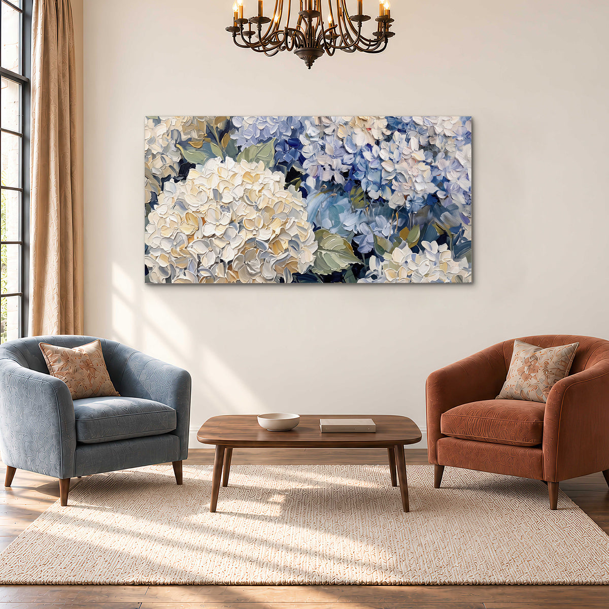 Clusters of pale blue and ivory hydrangea blossoms single canvas wall art styled in an interior