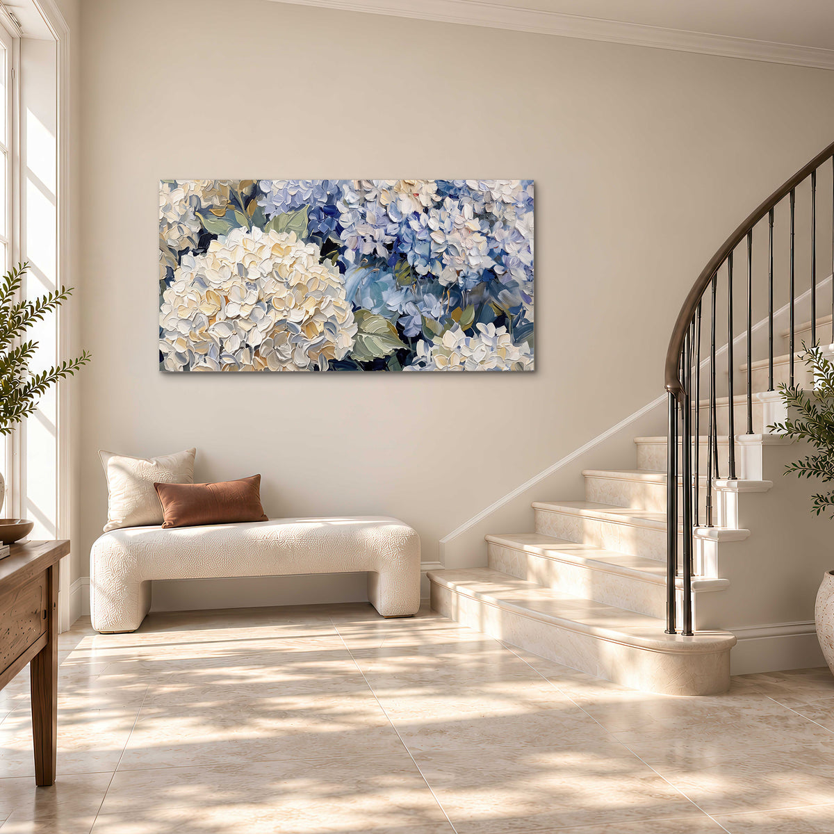 Clusters of pale blue and ivory hydrangea blossoms single canvas wall art styled in an interior