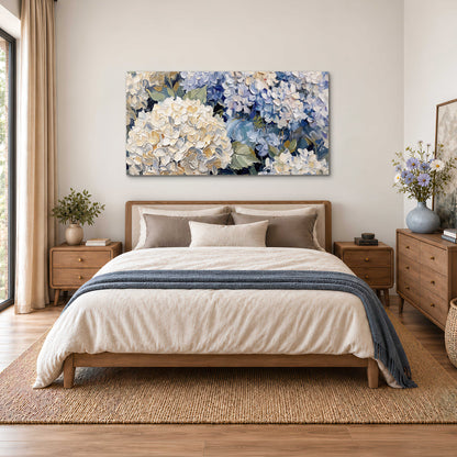 Clusters of pale blue and ivory hydrangea blossoms single canvas wall art styled in an interior