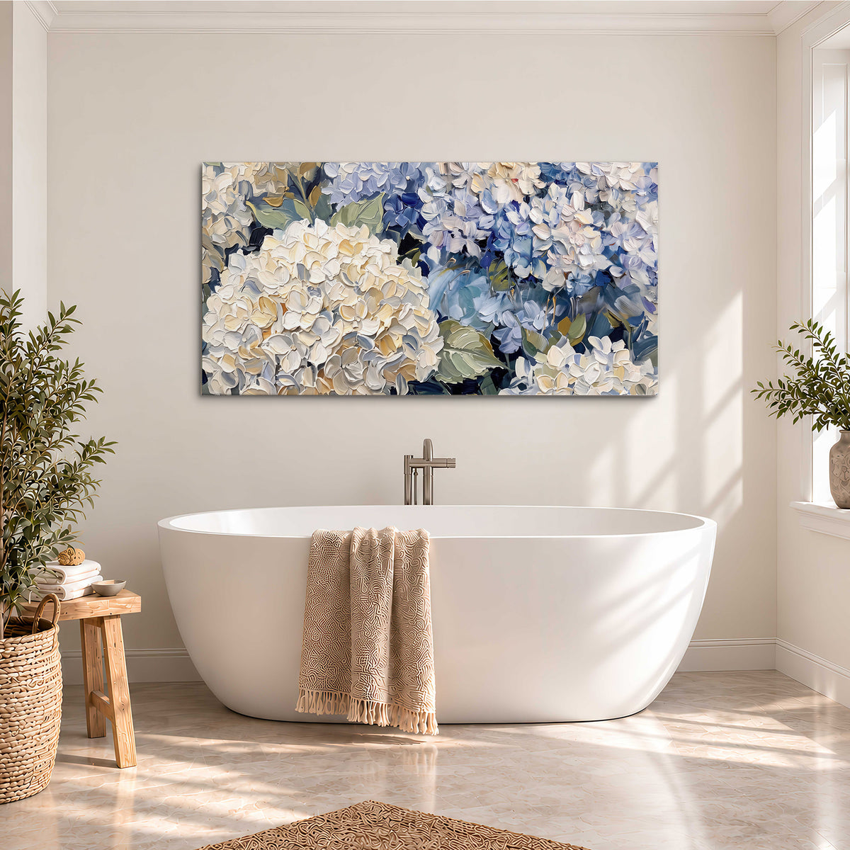 Clusters of pale blue and ivory hydrangea blossoms single canvas wall art styled in an interior