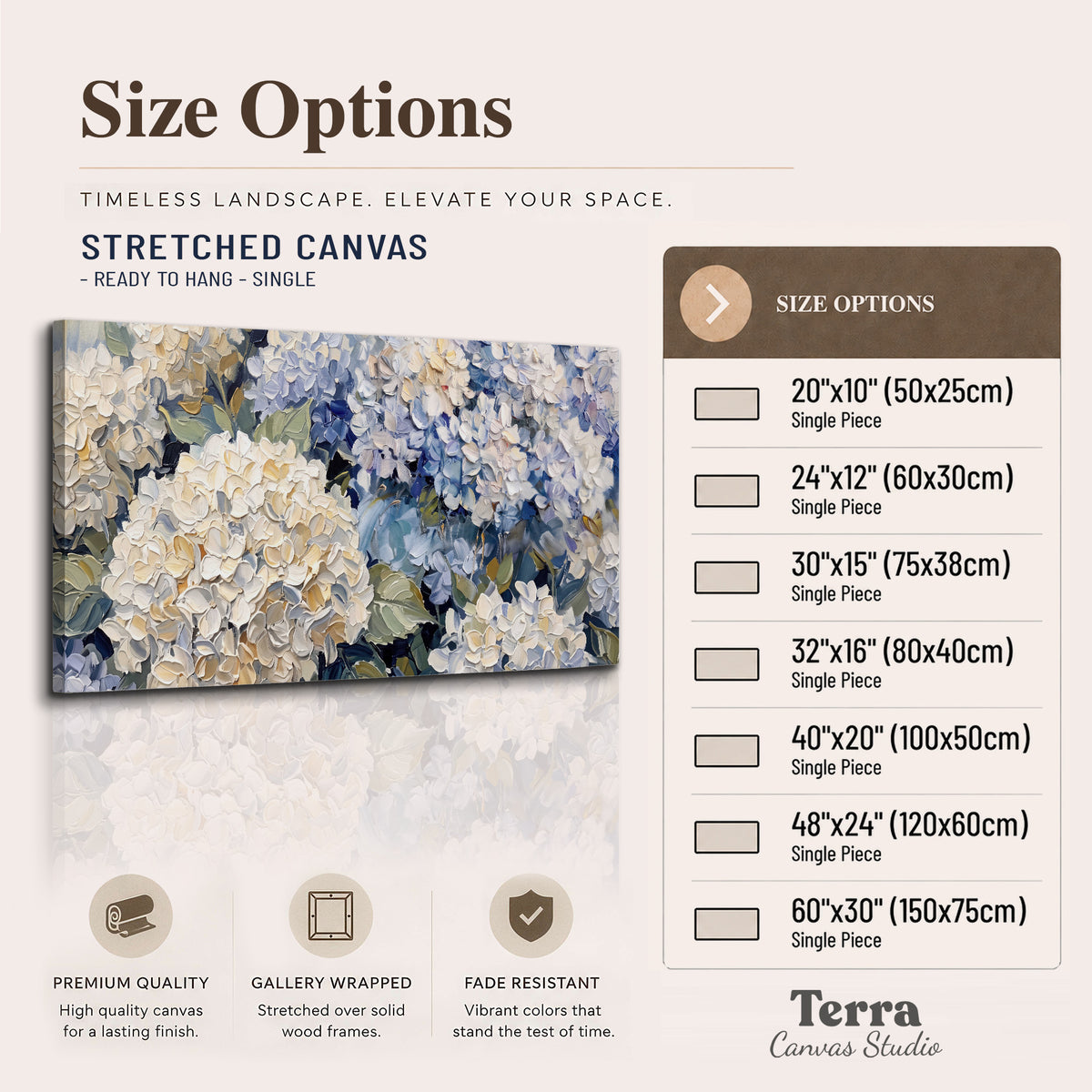 Clusters of pale blue and ivory hydrangea blossoms single canvas wall art available dimensions