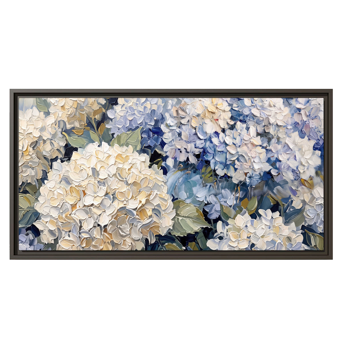 Clusters of pale blue and ivory hydrangea blossoms single framed canvas wall art viewed straight on