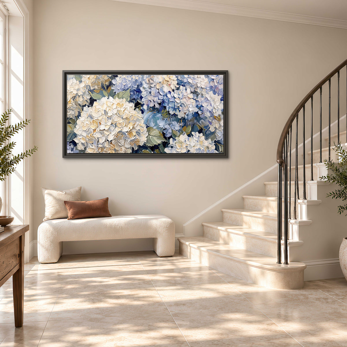 Clusters of pale blue and ivory hydrangea blossoms single framed canvas wall art styled in an interior