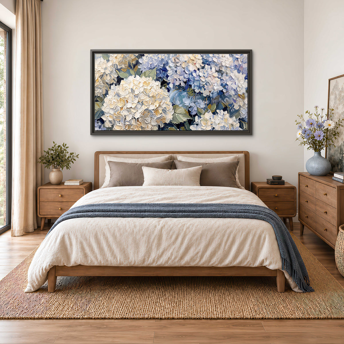 Clusters of pale blue and ivory hydrangea blossoms single framed canvas wall art styled in an interior