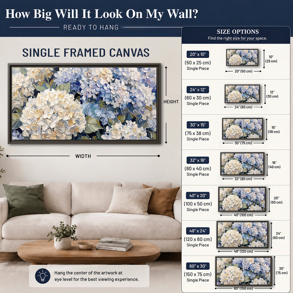 Clusters of pale blue and ivory hydrangea blossoms single framed canvas wall art size guide above a sofa; room view is illustrative