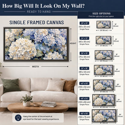 Clusters of pale blue and ivory hydrangea blossoms single framed canvas wall art size guide above a sofa; room view is illustrative