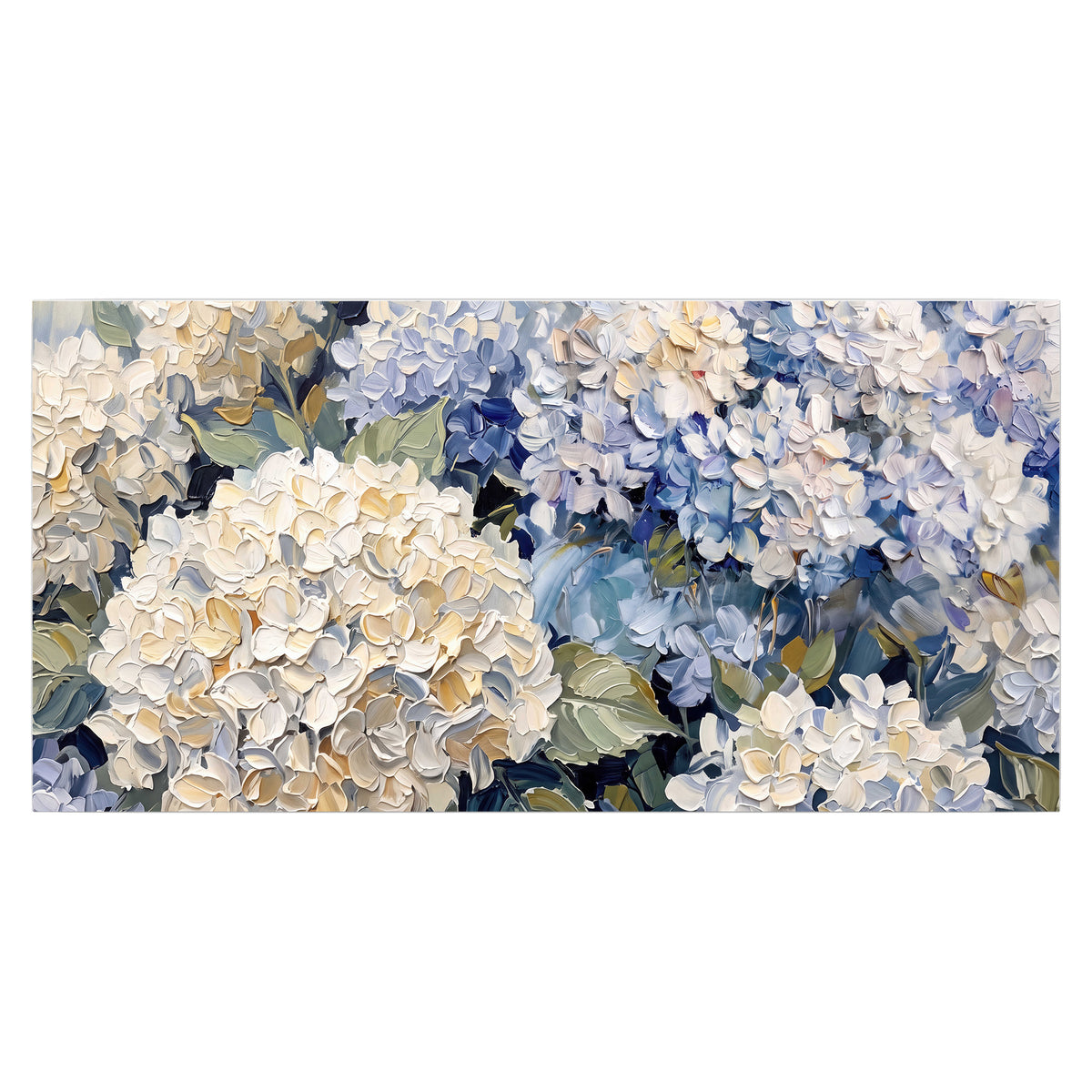 Clusters of pale blue and ivory hydrangea blossoms single poster print viewed straight on