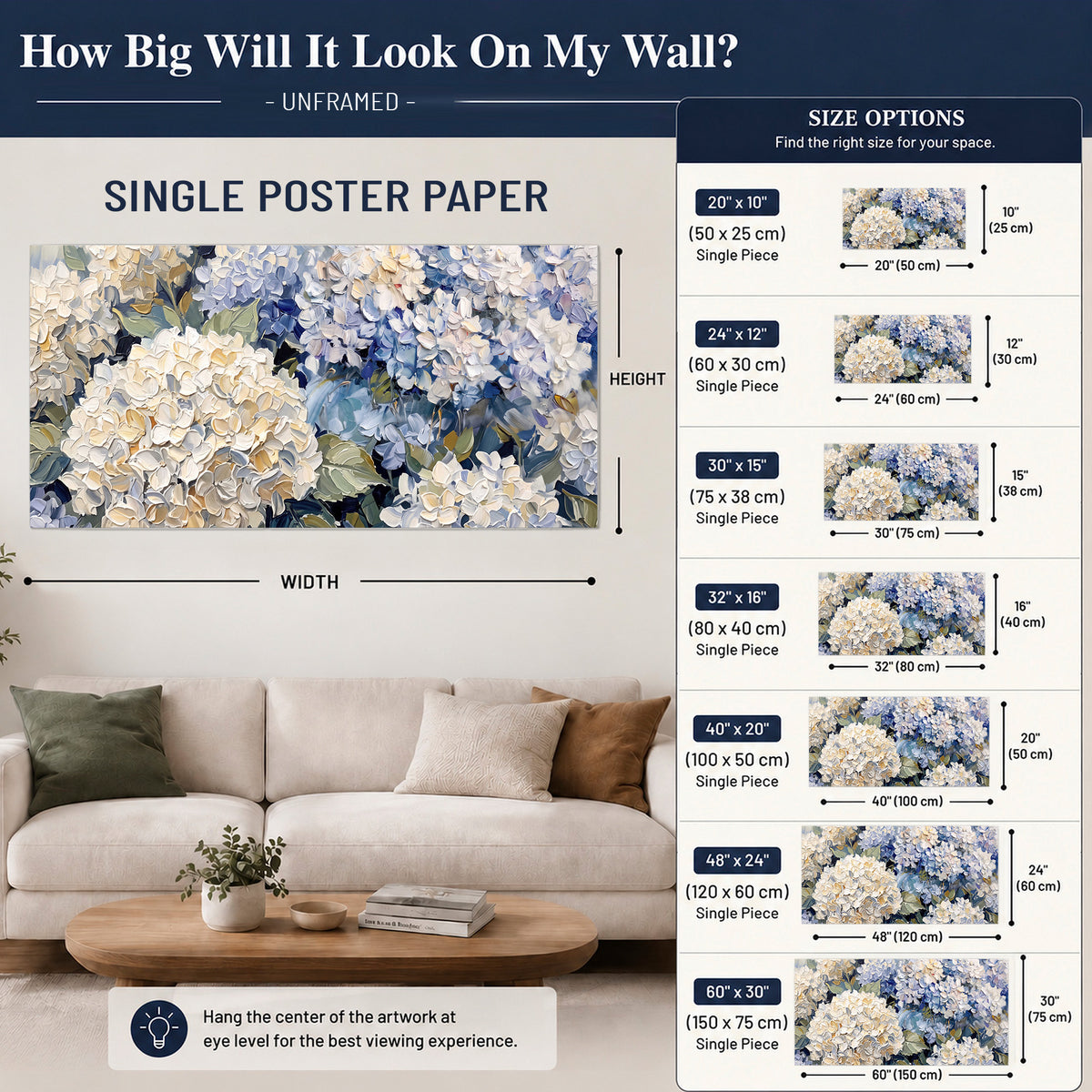 Clusters of pale blue and ivory hydrangea blossoms single poster print size guide above a sofa; room view is illustrative