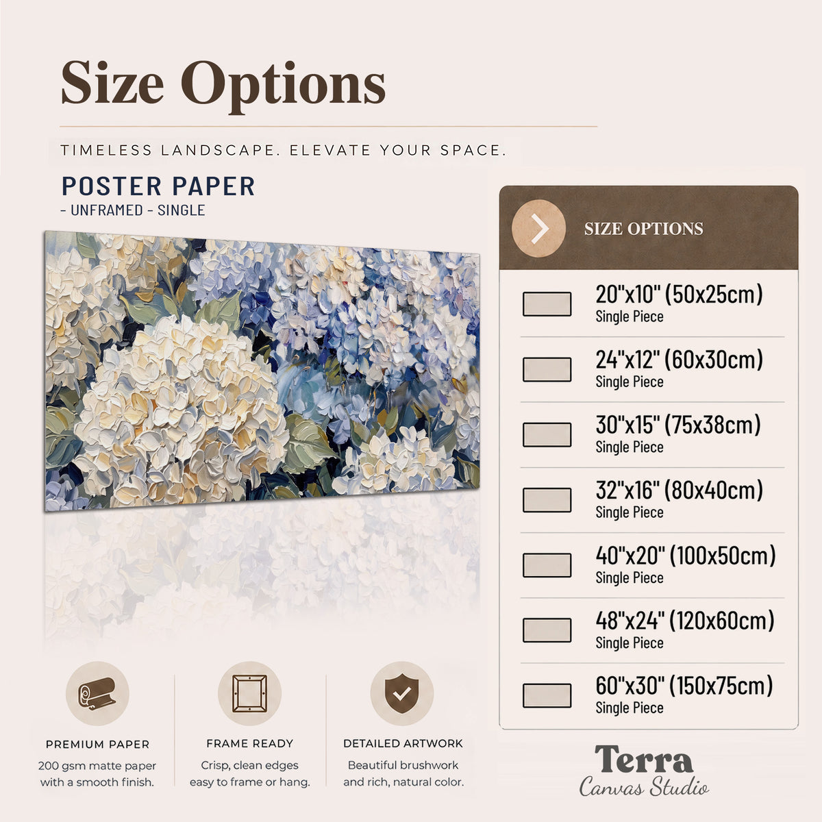 Clusters of pale blue and ivory hydrangea blossoms single poster print available dimensions