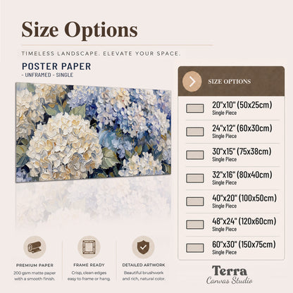 Clusters of pale blue and ivory hydrangea blossoms single poster print available dimensions