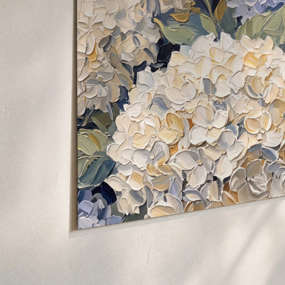 Clusters of pale blue and ivory hydrangea blossoms set of 3 poster prints material and edge close up
