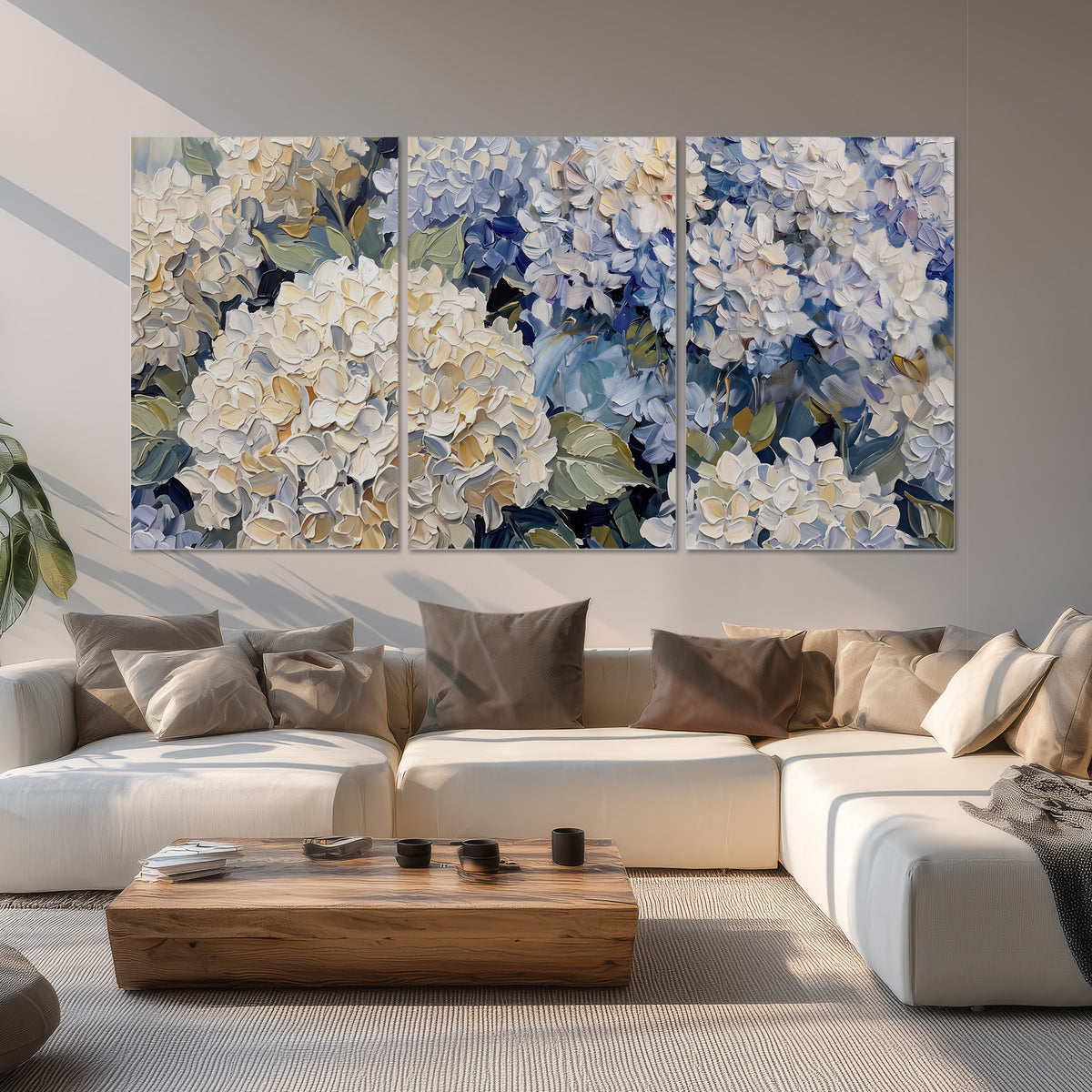 Clusters of pale blue and ivory hydrangea blossoms set of 3 poster prints displayed in a living room