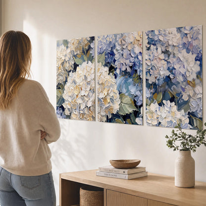 Clusters of pale blue and ivory hydrangea blossoms set of 3 poster prints three panel arrangement on a wall