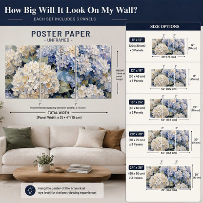 Clusters of pale blue and ivory hydrangea blossoms set of 3 poster prints size guide above a sofa; room view is illustrative