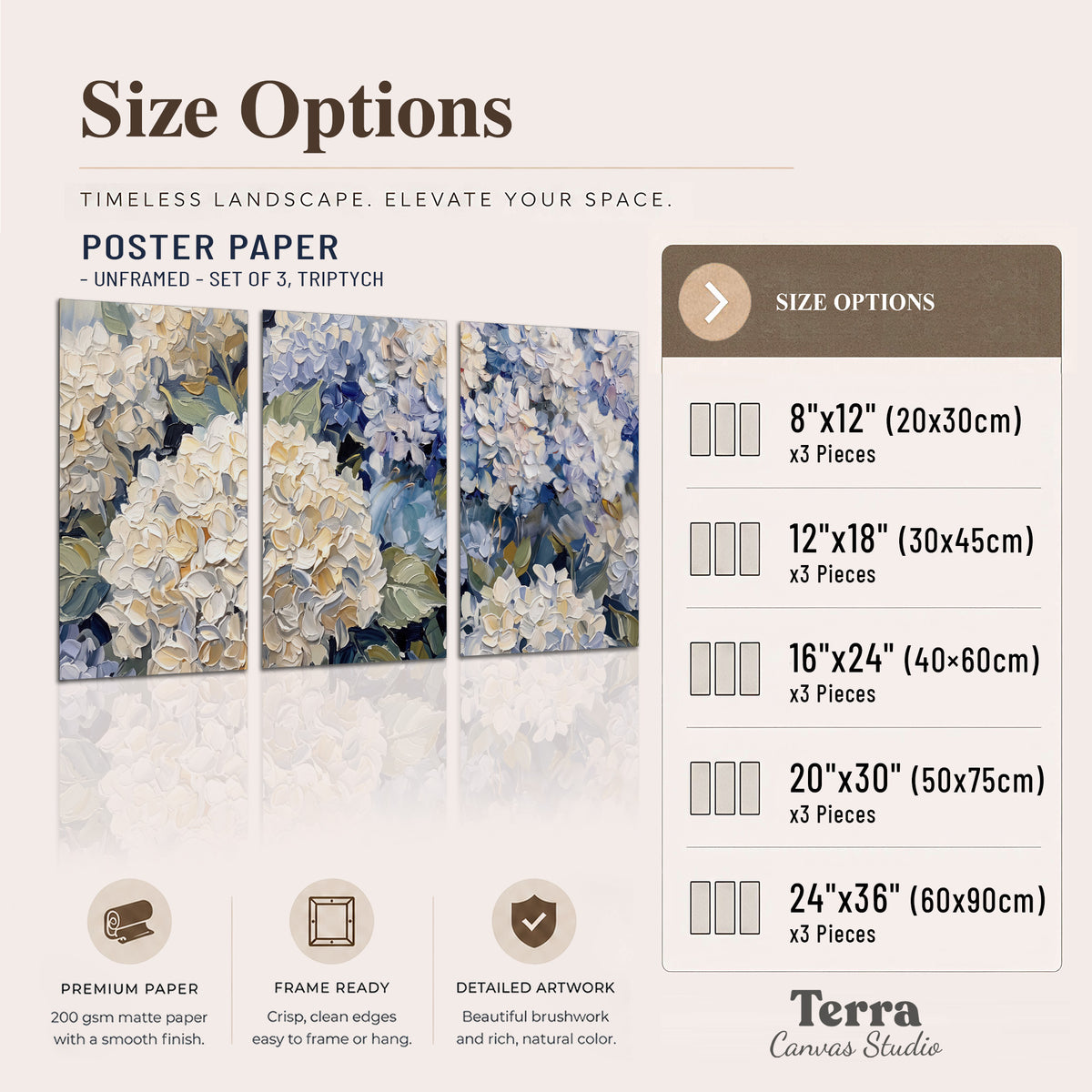 Clusters of pale blue and ivory hydrangea blossoms set of 3 poster prints available dimensions; triptych dimensions are per panel