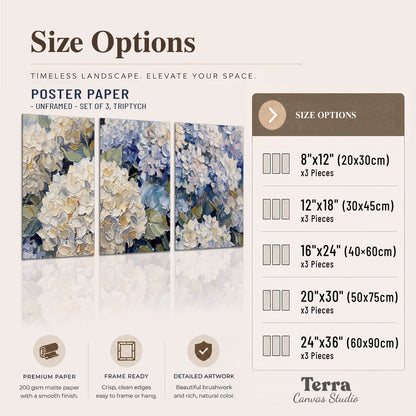 Clusters of pale blue and ivory hydrangea blossoms set of 3 poster prints available dimensions; triptych dimensions are per panel