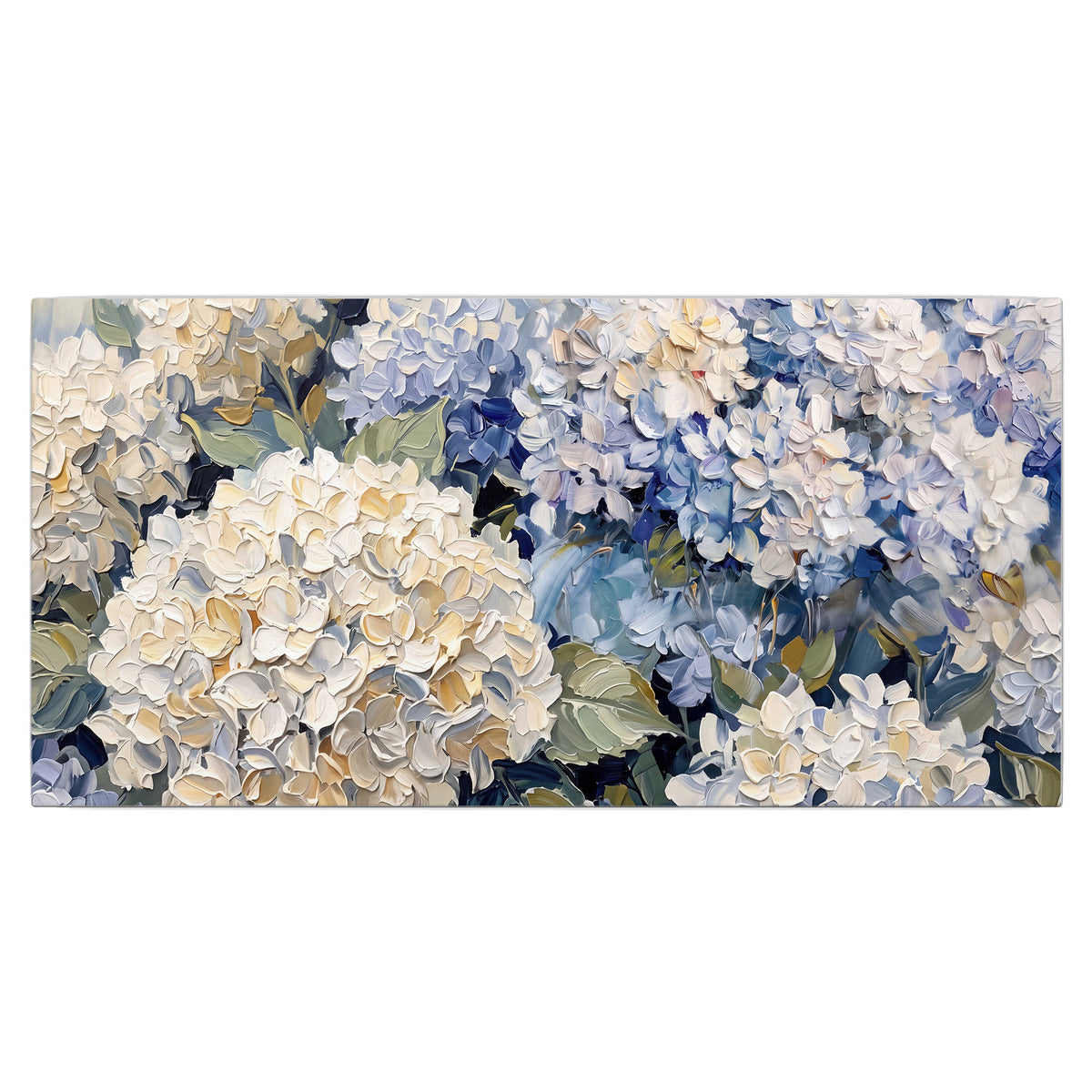 Clusters of pale blue and ivory hydrangea blossoms single canvas wall art viewed straight on