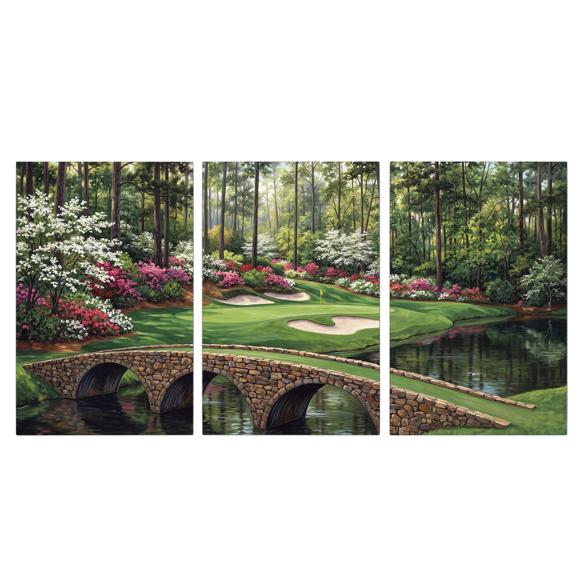 An arched stone bridge beside a landscaped golf course and reflective pond 3 piece canvas wall art viewed straight on