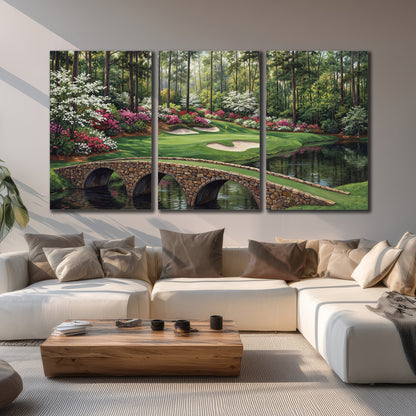 An arched stone bridge beside a landscaped golf course and reflective pond 3 piece canvas wall art displayed in a living room