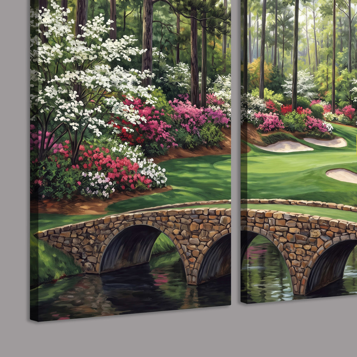 An arched stone bridge beside a landscaped golf course and reflective pond 3 piece canvas wall art room and product view