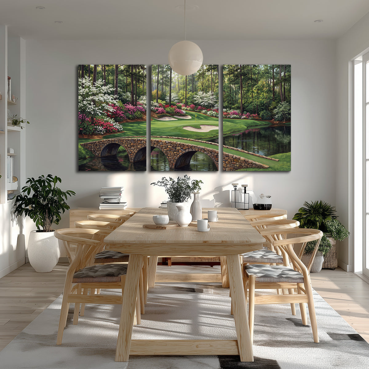 An arched stone bridge beside a landscaped golf course and reflective pond 3 piece canvas wall art room and product view