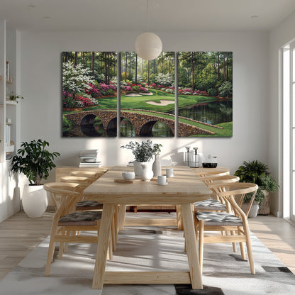 An arched stone bridge beside a landscaped golf course and reflective pond 3 piece canvas wall art room and product view