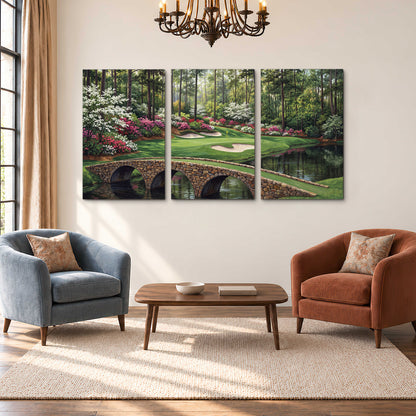 An arched stone bridge beside a landscaped golf course and reflective pond 3 piece canvas wall art styled in an interior