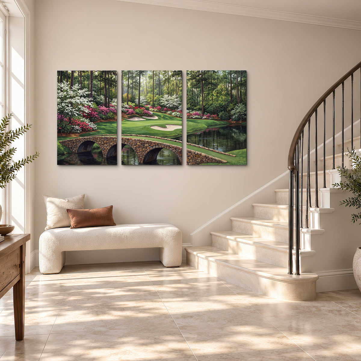 An arched stone bridge beside a landscaped golf course and reflective pond 3 piece canvas wall art styled in an interior