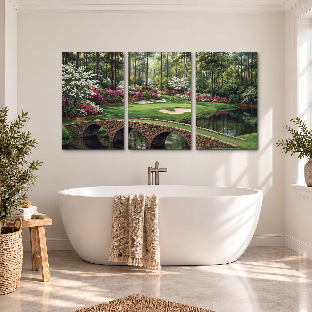 An arched stone bridge beside a landscaped golf course and reflective pond 3 piece canvas wall art styled in an interior