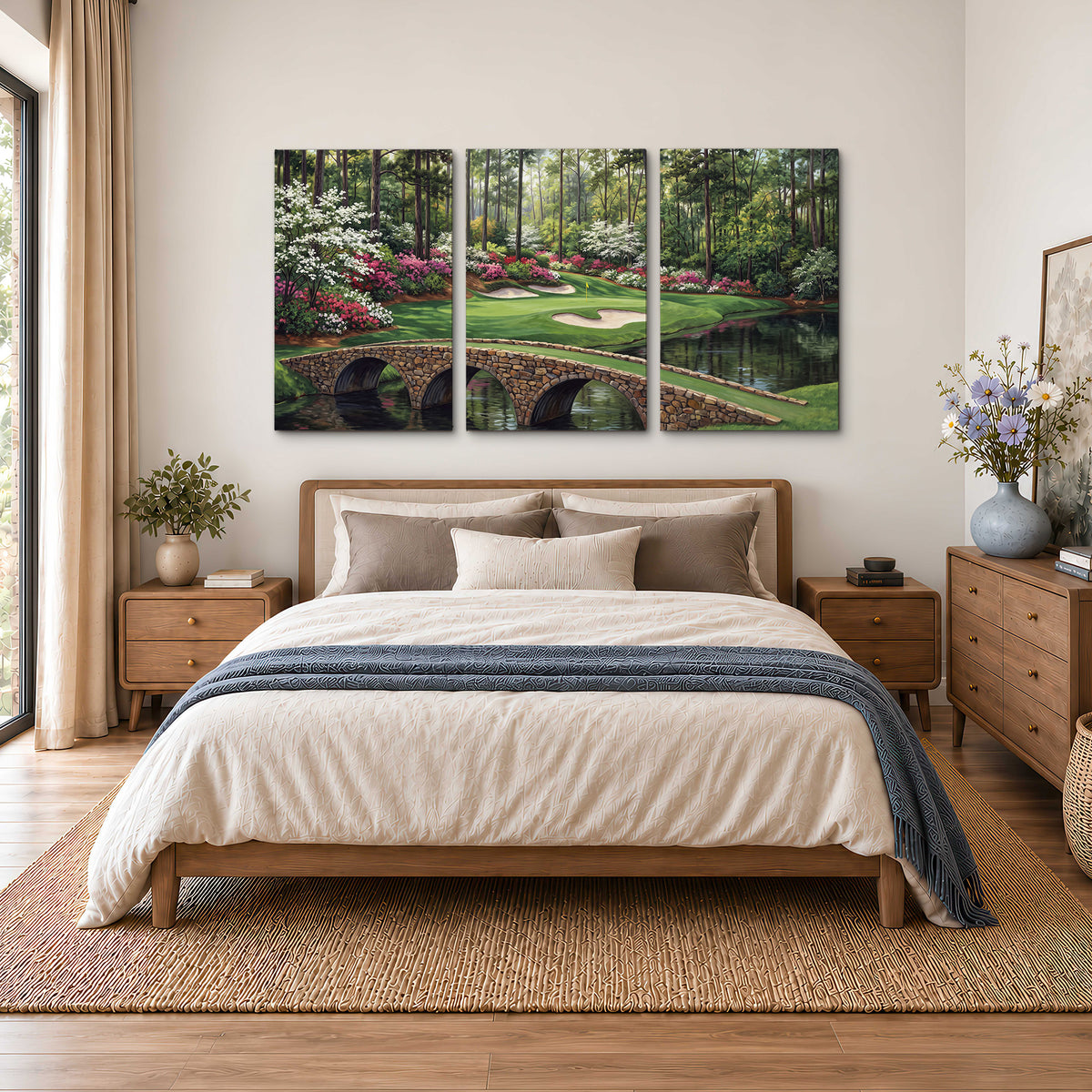 An arched stone bridge beside a landscaped golf course and reflective pond 3 piece canvas wall art styled in an interior