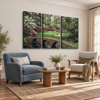 An arched stone bridge beside a landscaped golf course and reflective pond 3 piece canvas wall art styled in an interior