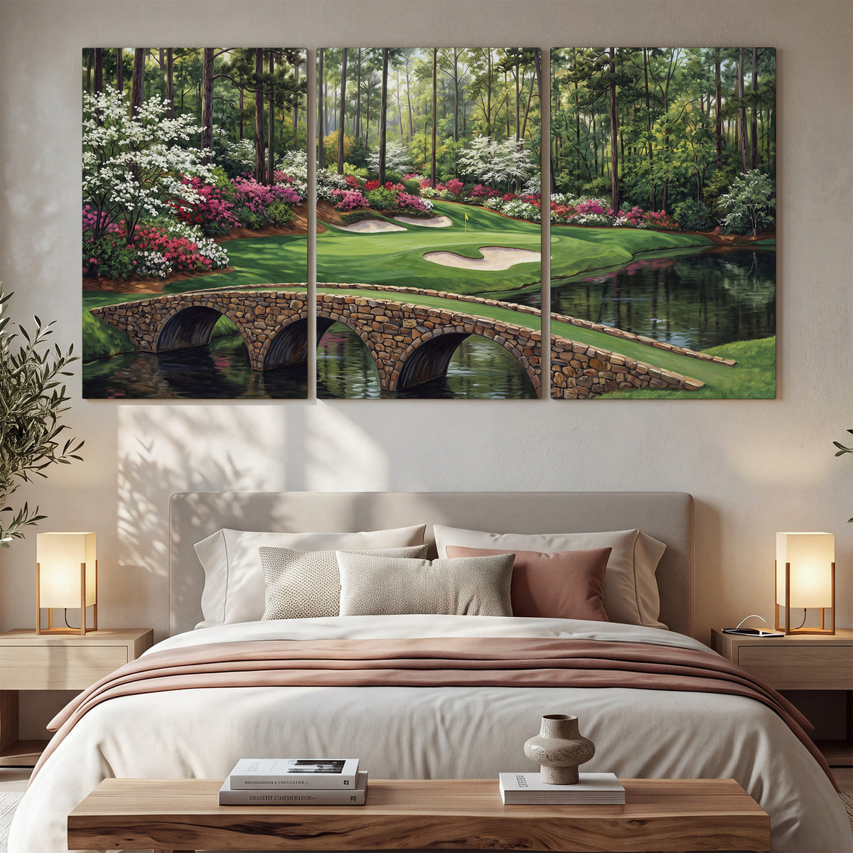 An arched stone bridge beside a landscaped golf course and reflective pond 3 piece canvas wall art displayed in a bedroom