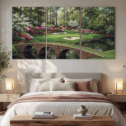 An arched stone bridge beside a landscaped golf course and reflective pond 3 piece canvas wall art displayed in a bedroom