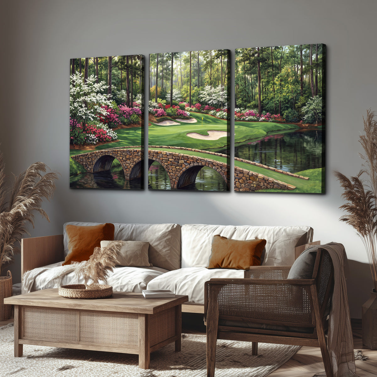 An arched stone bridge beside a landscaped golf course and reflective pond 3 piece canvas wall art displayed in a rustic living room