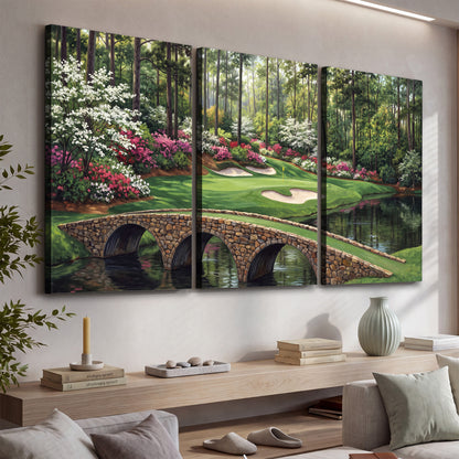 An arched stone bridge beside a landscaped golf course and reflective pond 3 piece canvas wall art displayed in a console