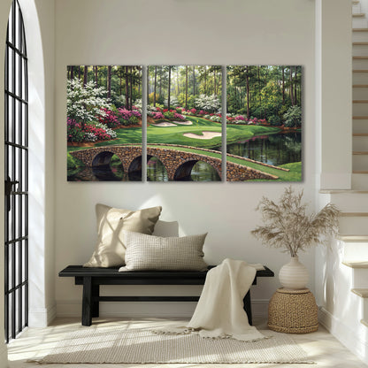 An arched stone bridge beside a landscaped golf course and reflective pond 3 piece canvas wall art displayed in a entryway