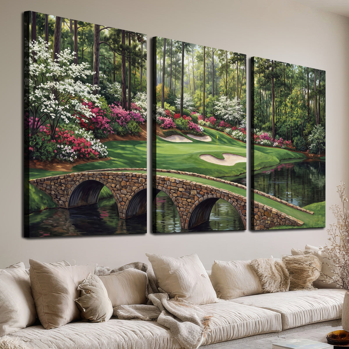 An arched stone bridge beside a landscaped golf course and reflective pond 3 piece canvas wall art room and product view