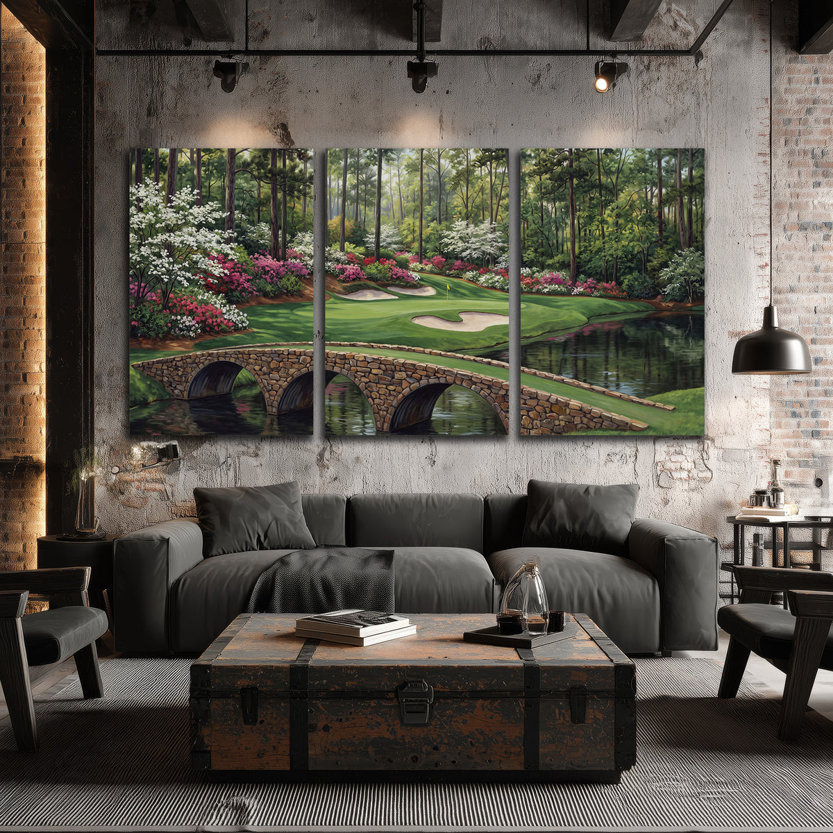 An arched stone bridge beside a landscaped golf course and reflective pond 3 piece canvas wall art displayed in a industrial room