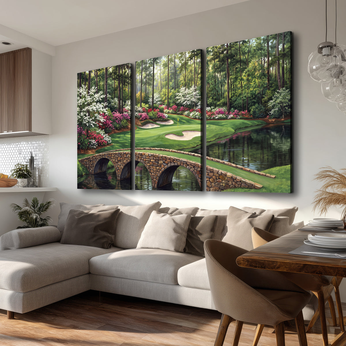 An arched stone bridge beside a landscaped golf course and reflective pond 3 piece canvas wall art room and product view