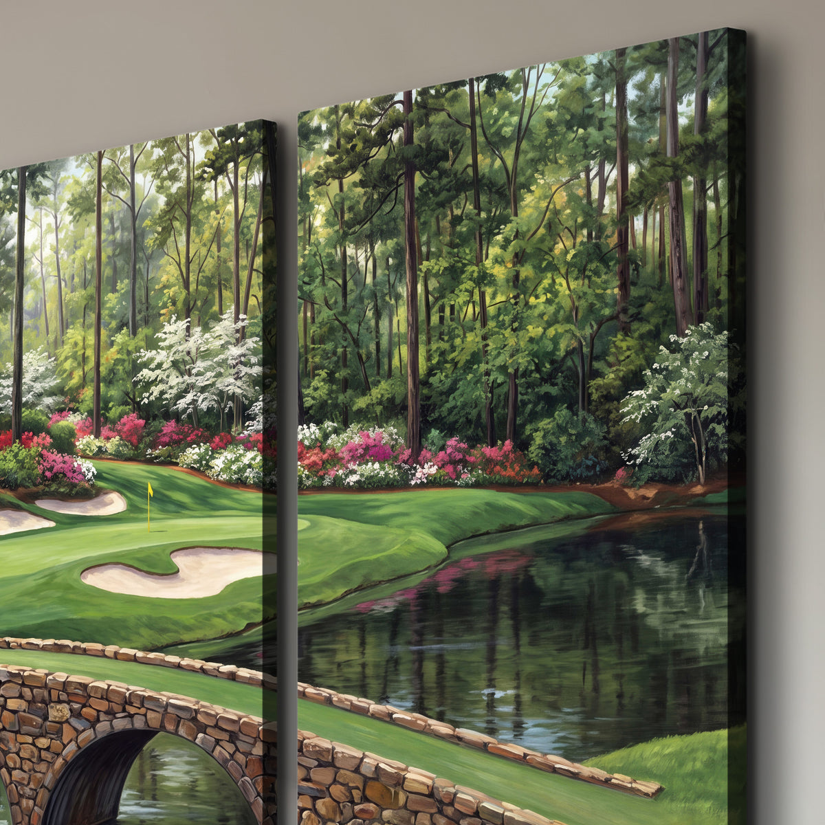 An arched stone bridge beside a landscaped golf course and reflective pond 3 piece canvas wall art room and product view
