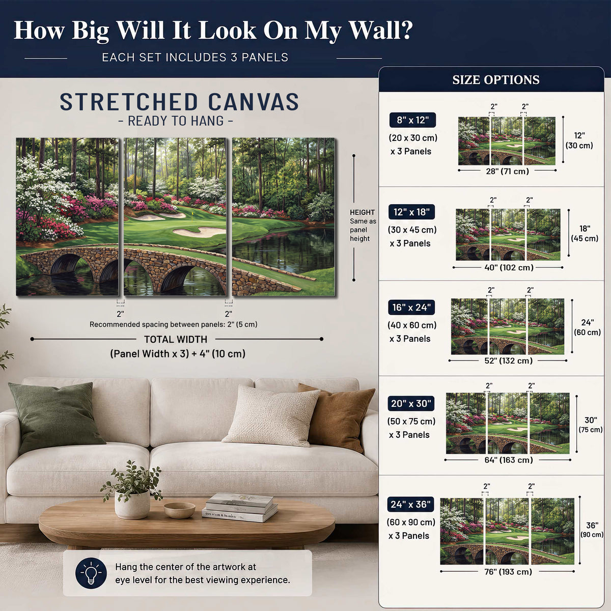An arched stone bridge beside a landscaped golf course and reflective pond 3 piece canvas wall art size guide above a sofa; room view is illustrative