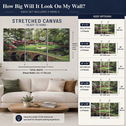 An arched stone bridge beside a landscaped golf course and reflective pond 3 piece canvas wall art size guide above a sofa; room view is illustrative