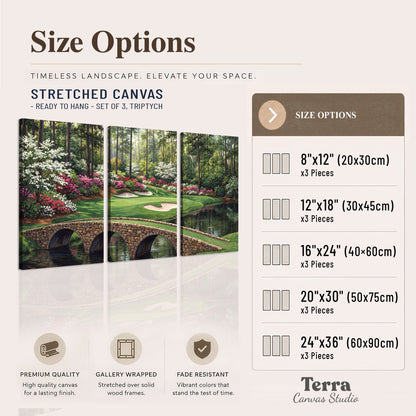 An arched stone bridge beside a landscaped golf course and reflective pond 3 piece canvas wall art available dimensions; triptych dimensions are per panel